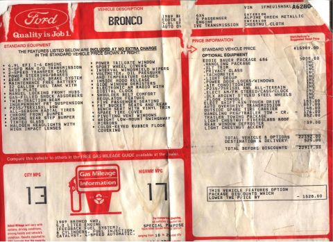 1989 Ford Bronco - WINDOW STICKER!!