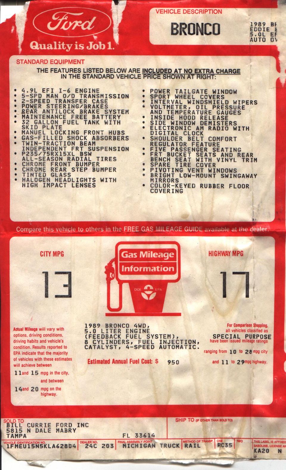 1989 Ford Bronco window sticker with standard equipment list and 13 city / 17 highway MPG label