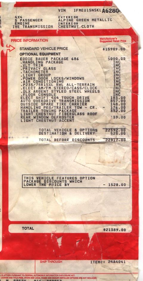 1989 Ford Bronco - This is a vehicle window sticker detailing pricing and options.