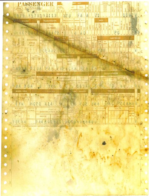 1973 Ford Ranchero - I found the original "build sheet" when I replaced the carpet; this is the "recipe" the guys in the factory followed when they built the ca…