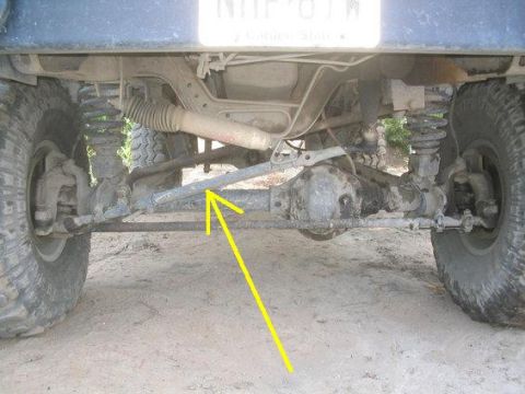 1990 Ford Bronco - Close-up of a vehicle's steering linkage, showing the tie rod and front axle.