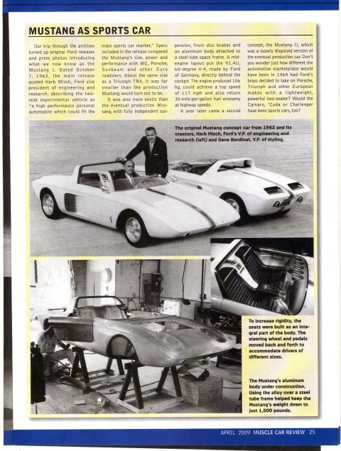 1993 Ford Taurus - Scanned magazine page headlined "MUSTANG AS SPORTS CAR" from the April 2009 issue of Muscle Car Review, page 25. Black-and-white photos sho…