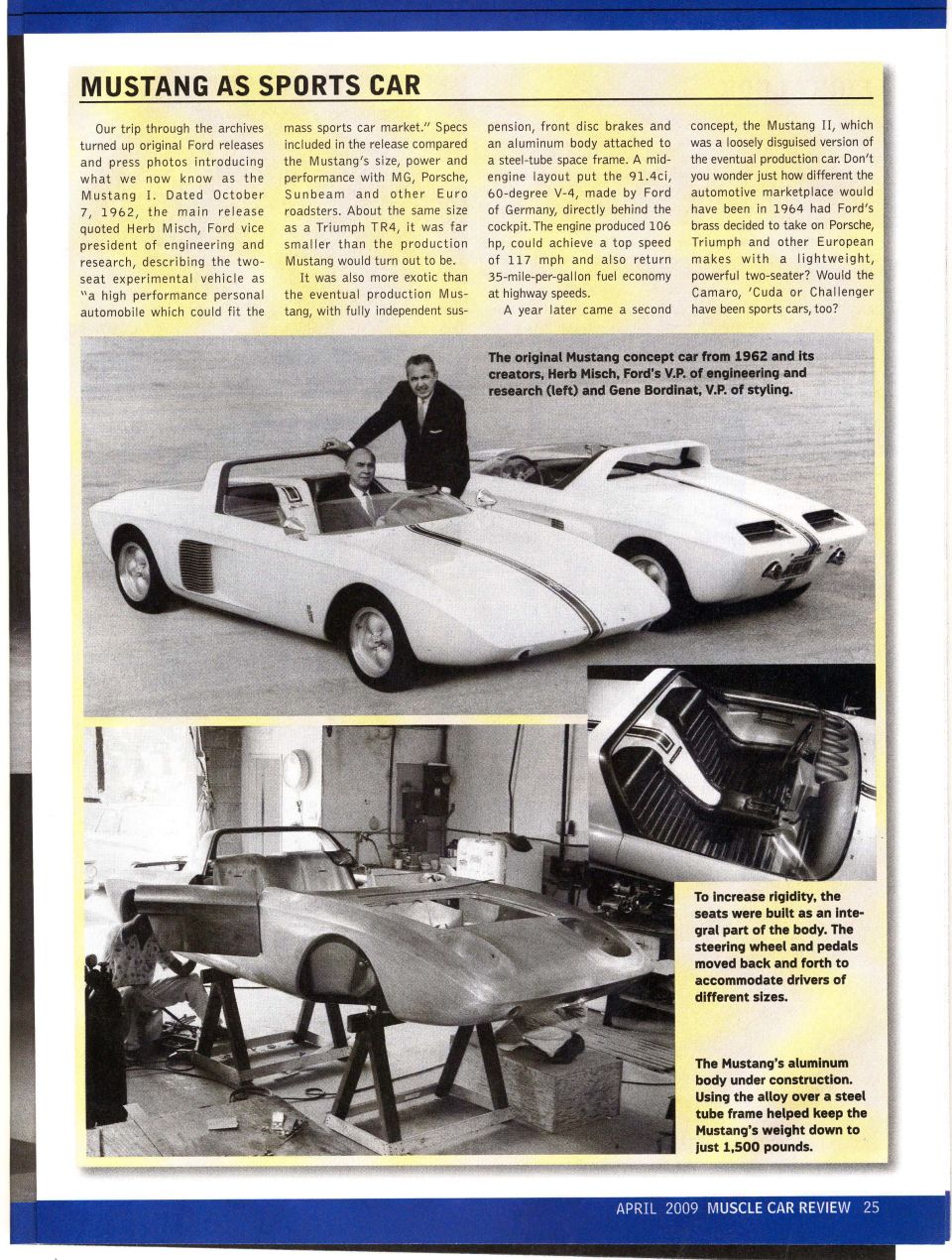 Magazine page on the 1962 Mustang I concept roadster with archive photos of the car, its seats and aluminum body