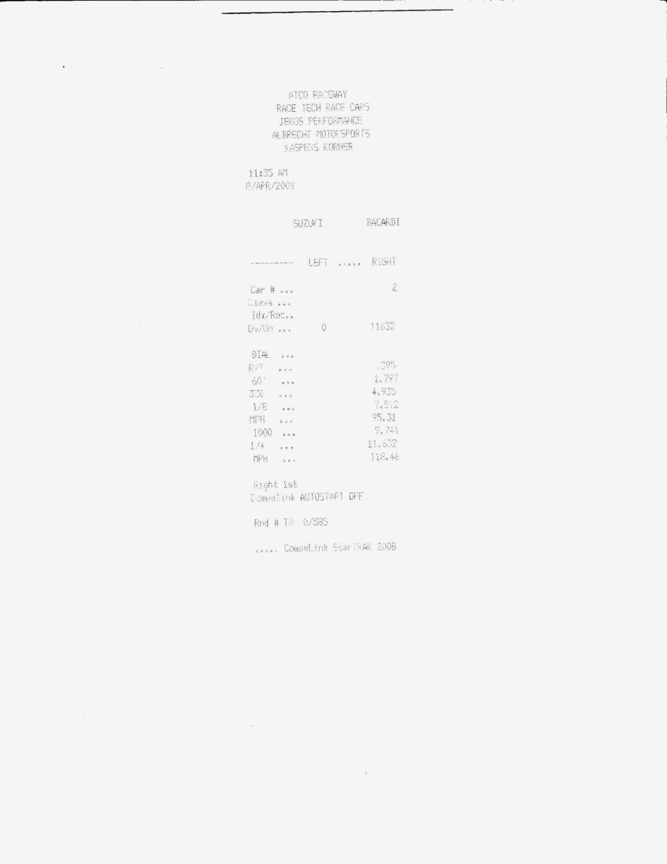 Drag racing timeslip document with car numbers, ET, and MPH
