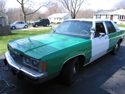 1991 Ford LTD Crown Victoria - Front three-quarter view of a green-and-white Ford sedan with a chrome spotlight, parked in a residential driveway.