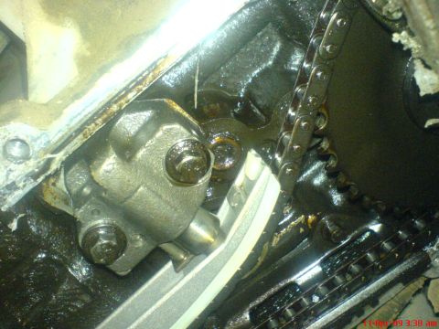 1992 Ford Crown Victoria - Close-up of an engine's timing chain and tensioner mechanism.
