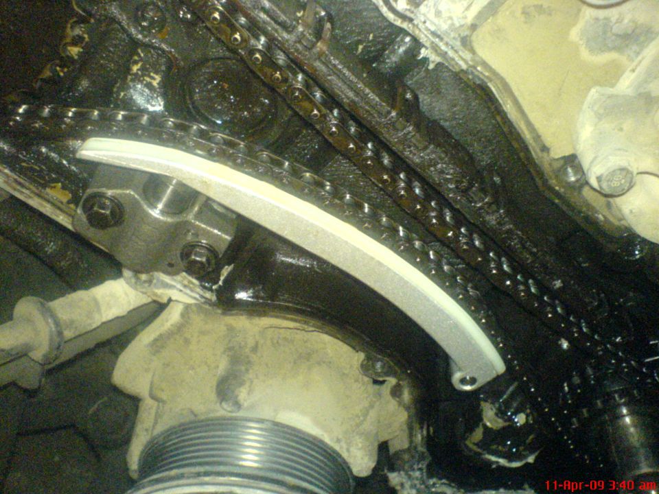Engine timing chain and tensioner assembly with oil