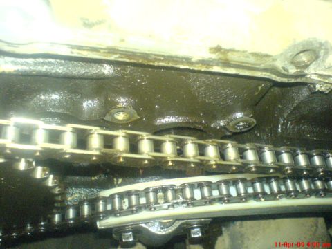 1992 Ford Crown Victoria - Close-up view of engine timing chains, showing metal links and a white plastic guide covered in oil.