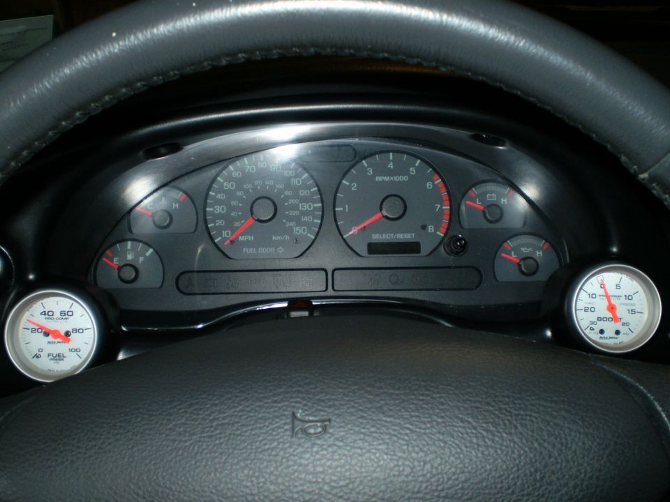 Car dashboard gauges including speedometer, tachometer, fuel, and boost gauges