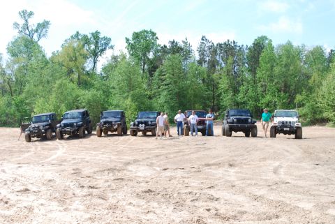 2008 Jeep Wrangler - A group of seven 2008 Jeep Wranglers are gathered together on a sandy, outdoor lot with trees in the background.