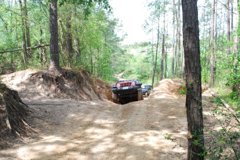 2008 Jeep Wrangler - Off-roading through a wooded area with sandy terrain and dirt mounds.