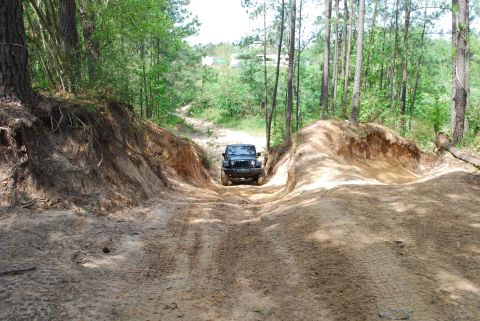 2008 Jeep Wrangler - A Jeep Wrangler navigates a challenging dirt path through a forest.