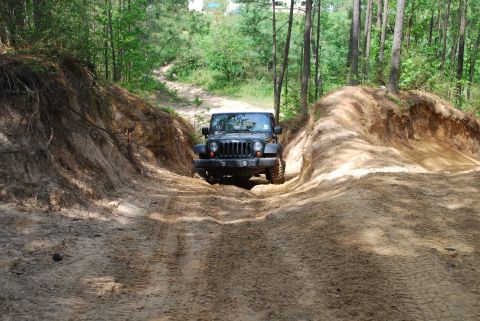 2008 Jeep Wrangler - A black 2007 Jeep Wrangler navigates a challenging sandy off-road trail surrounded by trees.
