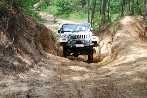 2008 Jeep Wrangler - A white Jeep Wrangler navigates a challenging dirt trail with steep sandy banks on either side.