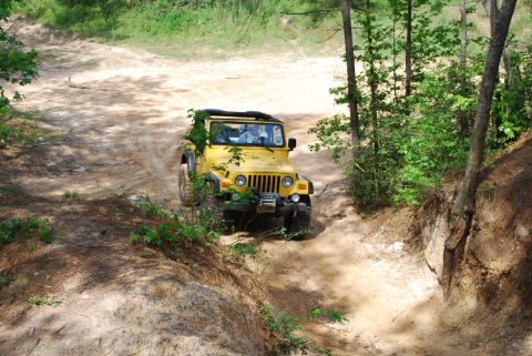2008 Jeep Wrangler - A yellow Jeep Wrangler navigates a dirt trail through a wooded area.