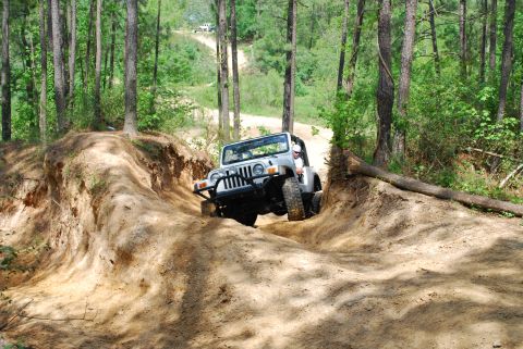 2008 Jeep Wrangler - A silver Jeep Wrangler tackles an off-road trail in a wooded area, with another vehicle visible in the distance.