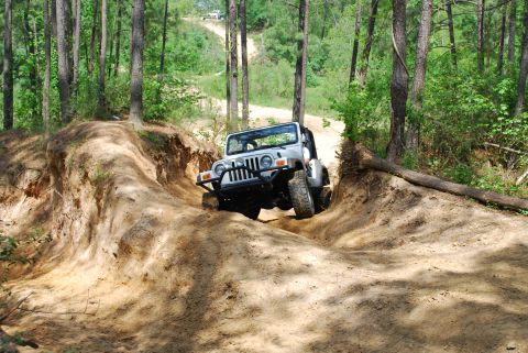 2008 Jeep Wrangler - A silver 2008 Jeep Wrangler tackles a challenging dirt path in a wooded area, with another vehicle visible in the distance.