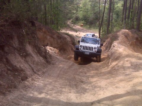 2008 Jeep Wrangler - White Jeep Wrangler navigates a challenging dirt trail in a wooded area.