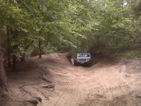 2008 Jeep Wrangler - A Jeep navigates a challenging off-road trail surrounded by dense trees.