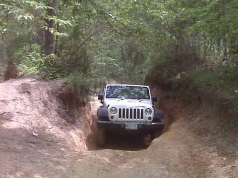 2008 Jeep Wrangler - A white Jeep Wrangler navigates a challenging dirt trail surrounded by dense trees.