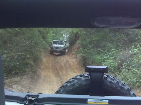 2008 Jeep Wrangler - View out the rear window of a Jeep on a wooded dirt trail, framed by the tailgate-mounted spare mud-terrain tire and third brake light. A w…