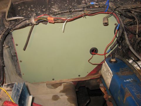 1979 Ford Bronco - Close-up view of engine bay components and wiring, with a blue engine cover labeled 'POWER'.