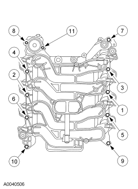 2007 Ford Mustang - Service/parts illustration of a lower intake manifold showing gasket and fastener sealing locations with numbered callouts.