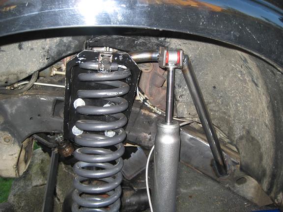 Close-up of a heavy-duty coil spring and shock absorber assembly, likely an aftermarket suspension upgrade