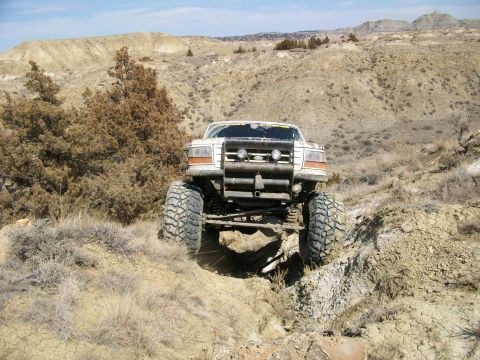 1992 Ford F-350 - This modified Ford truck navigates rough terrain with its oversized tires and lifted suspension.