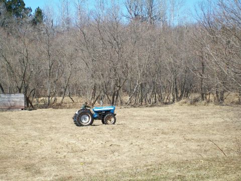 2000 Chevrolet Tahoe - A blue tractor is driven across a dry, grassy field with a wooded area in the background.