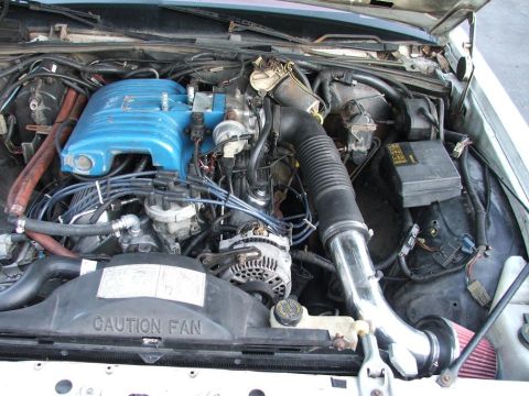 1985 Ford Crown Victoria LTD - The engine bay of a 1985 Ford Crown Victoria LTD is visible, with a blue intake manifold and various engine components.
