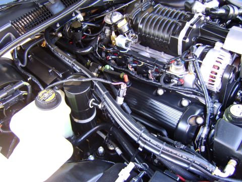 1996 Mercury Grand Marquis - Close-up view of a modified engine bay a supercharger and other engine components.