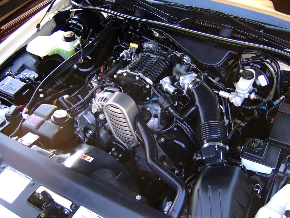 Supercharged V8 engine bay with black intake tubing and silver alternator