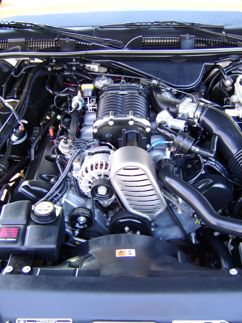 Supercharged V8 engine bay with silver blower, alternator, and Saleen cover