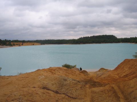 1990 Ford Bronco - A wide shot of a turquoise lake surrounded by sandy shores and a dense forest under a cloudy sky.