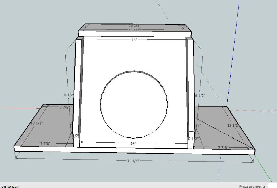 3D CAD drawing of a wood subwoofer box with circular cutout