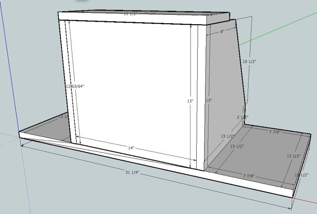 3D CAD drawing of a subwoofer enclosure rear view with dimensions