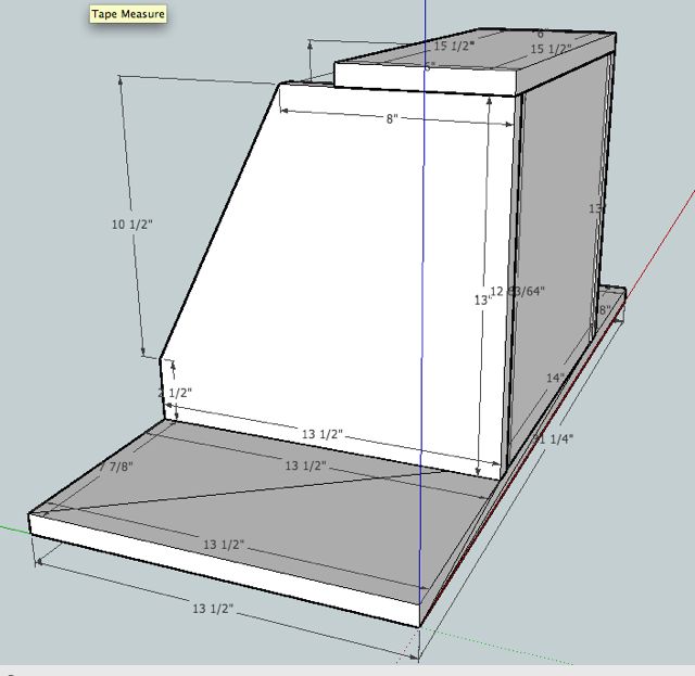 3D CAD model of a wedge subwoofer box with tape measure tool
