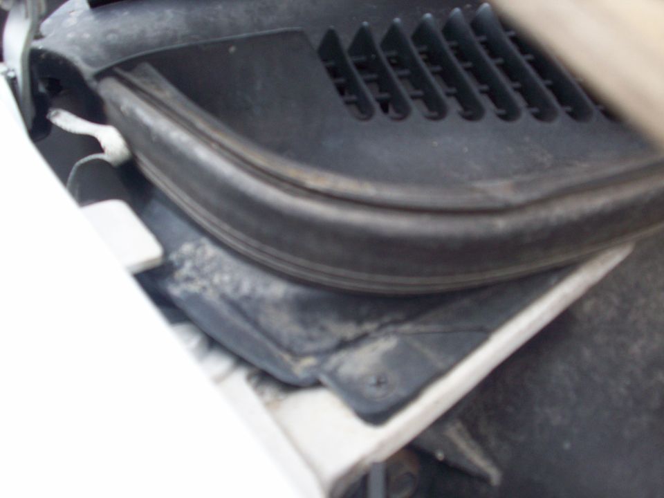 Close-up of black cowl vent panel and rubber hood seal on a white car with hood open