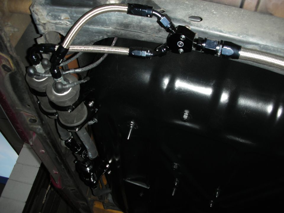 Dual fuel filters with braided lines connected to a black fuel tank