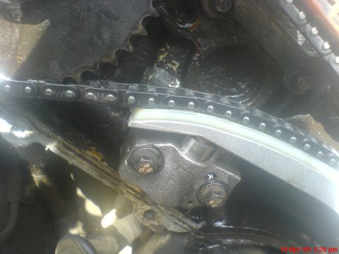 1992 Ford Crown Victoria - Close-up view of an engine's timing chain and tensioner mechanism.