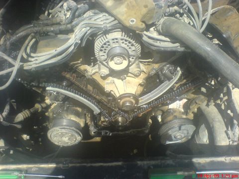 1992 Ford Crown Victoria - Close-up view of engine timing chain and related components during maintenance.