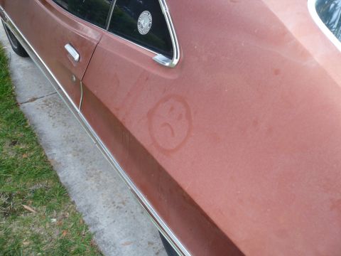 1975 Ford Ranchero - A water stain on the side of a vehicle resembles a smiley face.