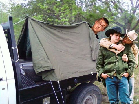 1996 Ford Bronco - Photoshopped joke image of an olive canvas tarp shelter rigged over the black flatbed of a white pickup with a diamond-plate toolbox and he…