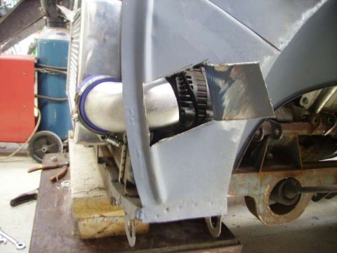 1969 MINI Cooper - Close-up of intercooler piping and turbocharger assembly, likely for a custom build.