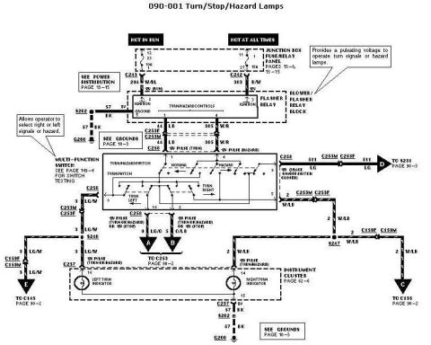 2007 Ford Mustang - Wiring diagram for turn, stop, and hazard lamps showing the multi-function switch, flasher relay, indicators, and color-coded circuits.