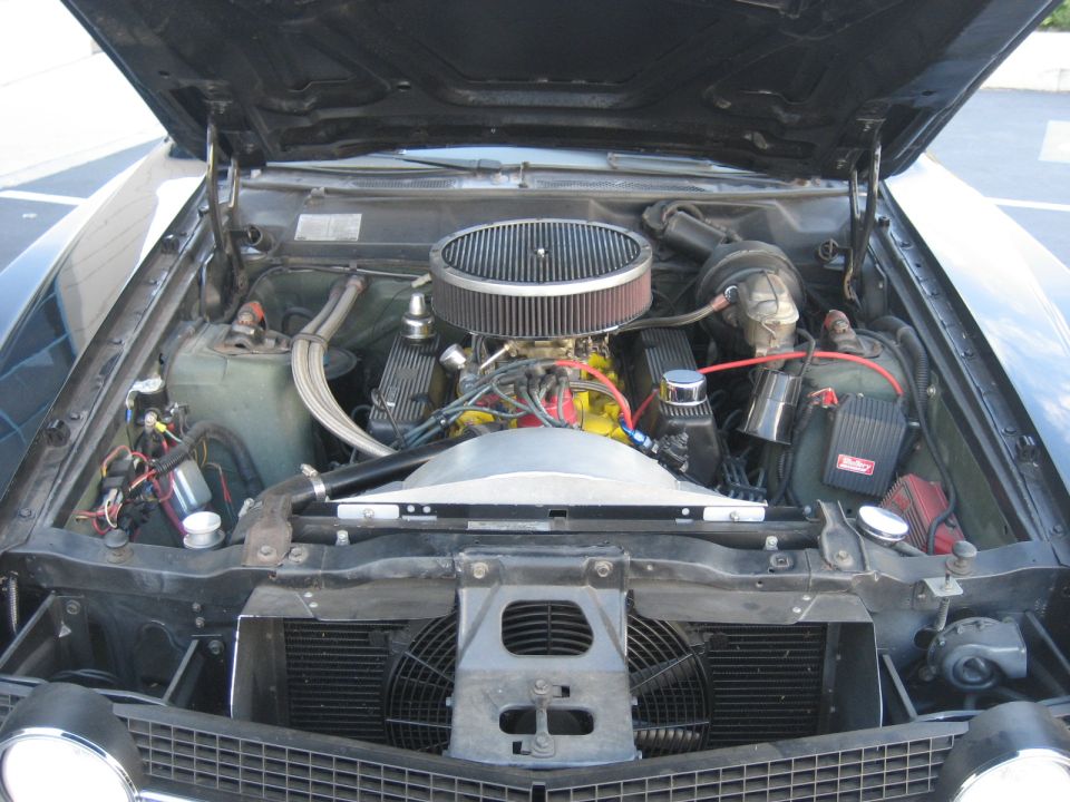 Classic Ford V8 engine bay with chrome air cleaner and red plug wires