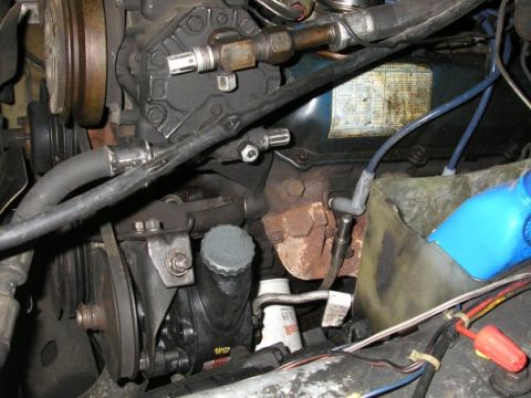 1979 Ford Bronco - Close-up view of an engine bay, showing various components including the power steering pump and hoses.