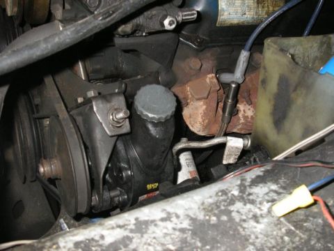1979 Ford Bronco - Close-up view of engine components including the power steering pump and associated hardware.