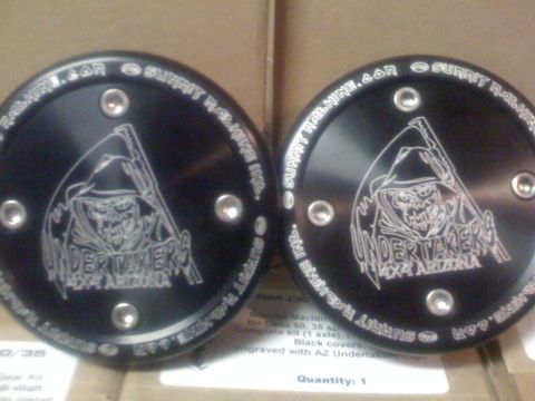 1966 Ford Bronco - Pair of custom drive flanges grim reaper graphics and 'Undertakers 4x4 Arizona' engraving.